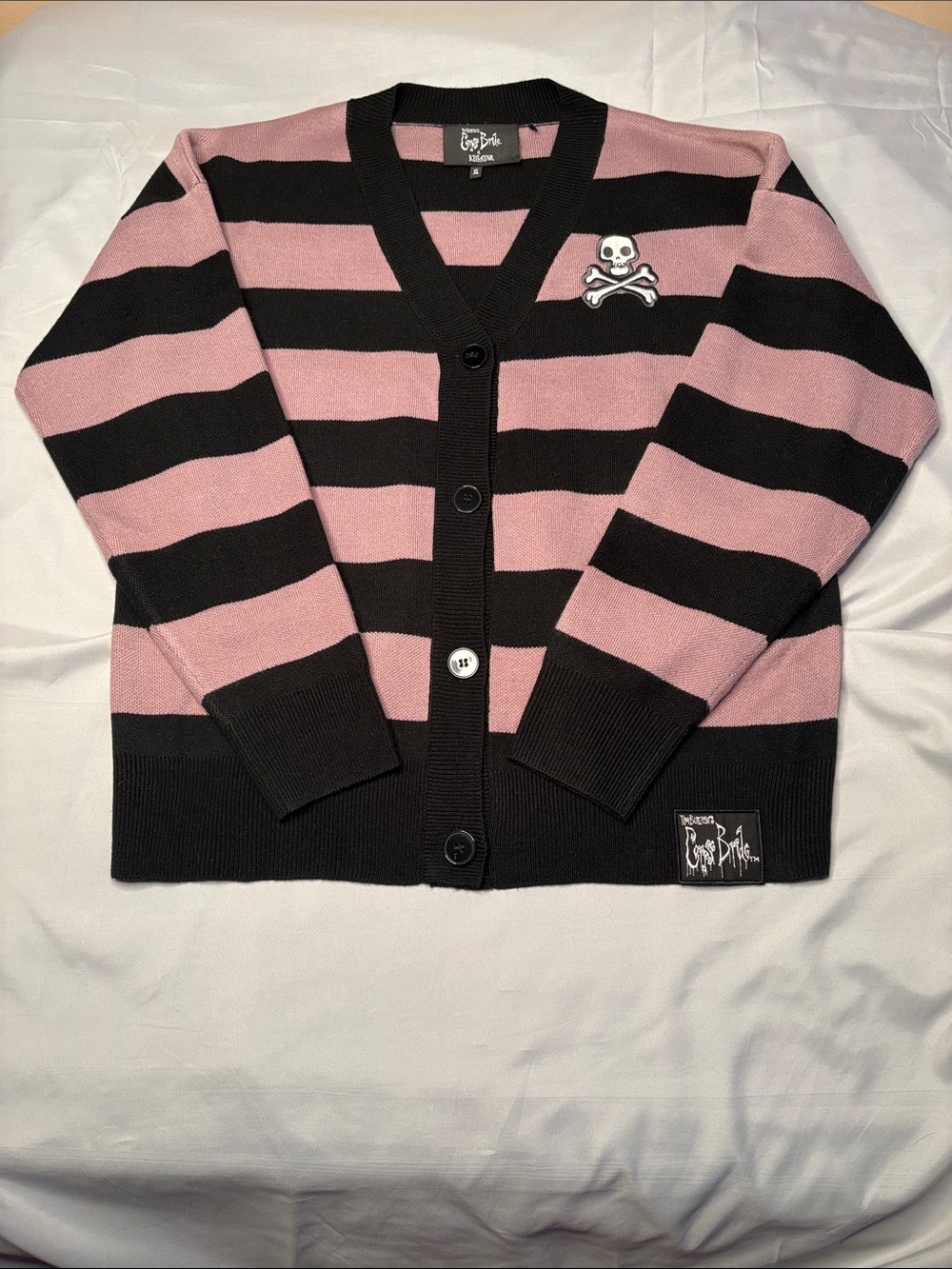 Tim Burton Corpse Bride x Killstar Pink and Black Striped Cardigan with Skull XL